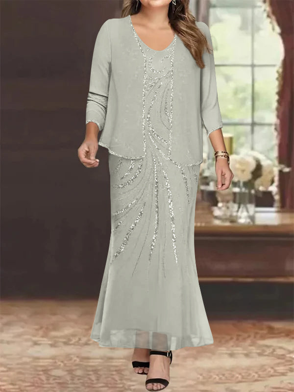 silver mother of the bride dresses plus size Cicinia Dress Long Chiffon A-line V-neck Floor Length and formal celebrations Sheath/Column V-Neck Ankle-Length Plus Size