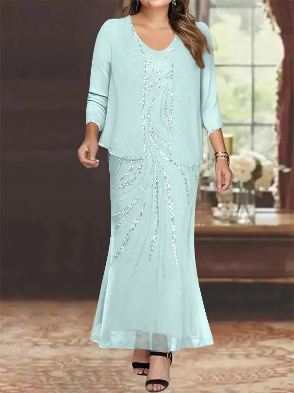 Sheath/Column V-Neck Ankle-Length Plus Size Mother of the Bride Dresses with Jacket & Sequins Beading Sky Blue Sheath/Column V-Neck Ankle-Length Plus Size Mother of the Bride Dresses with Jacket & Sequins Beading Sky Blue