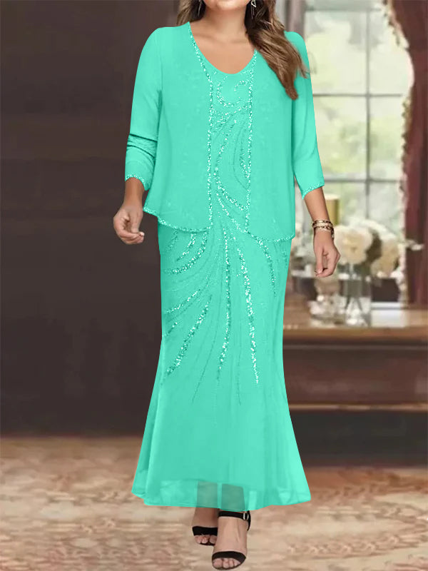 Sheath/Column V-Neck Ankle-Length Plus Size Mother of the Bride Dresse - Mondressy Sheath/Column V-Neck Ankle-Length Plus Size Mother of the Bride Dresse - Mondressy