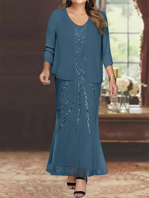 Sheath/Column V-Neck Ankle-Length Plus Size Mother of the Bride Dresses with Jacket & Sequins