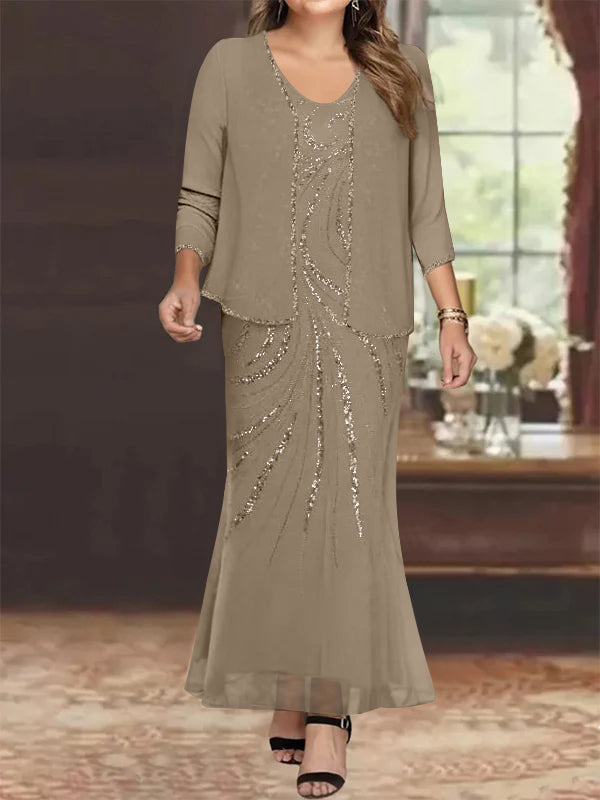 Mondressy Chiffon 2 Pieces V-Neck Knee-Length Plus Size Mother of the Bride Dresses with Jacket & Sequins Silver UK 2026