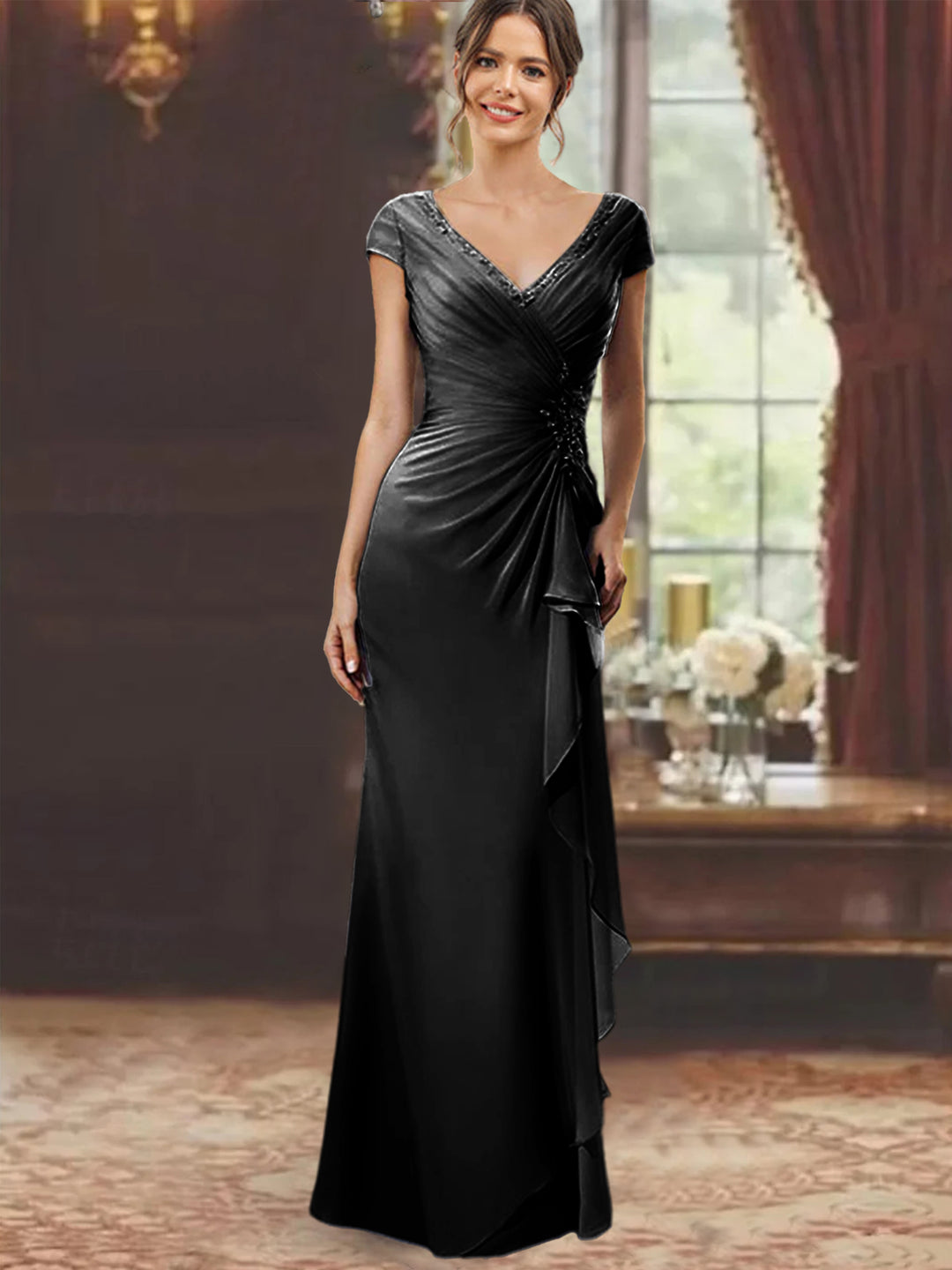 Sheath/Column V-Neck Short Sleeves Floor-Length Mother of the Bride Dresses With Ruffles & Appliques Black Sheath/Column V-Neck Short Sleeves Floor-Length Mother of the Bride Dresses With Ruffles & Appliques Black