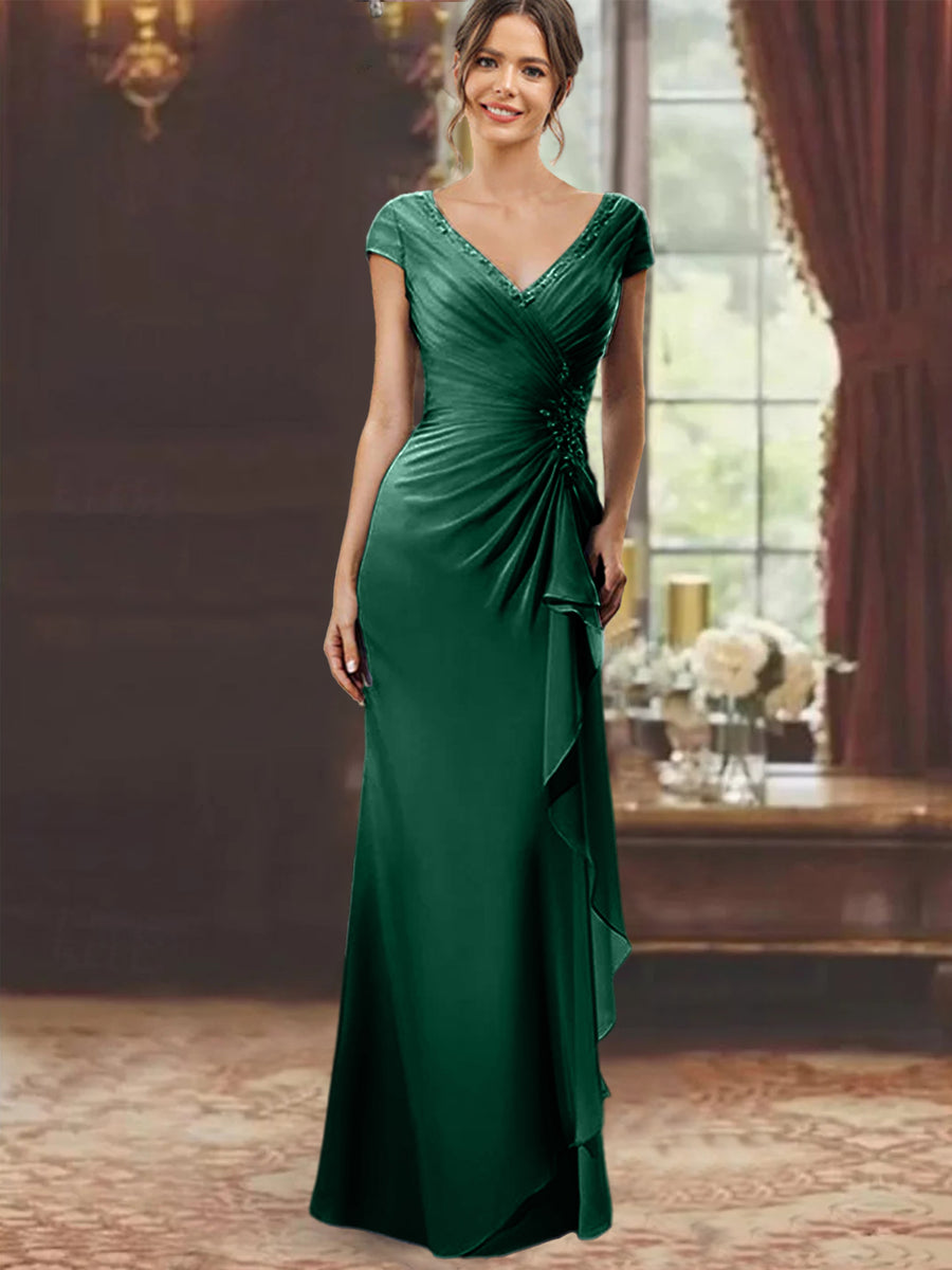 Sheath/Column V-Neck Short Sleeves Floor-Length Mother of the Bride Dresses With Ruffles & Appliques