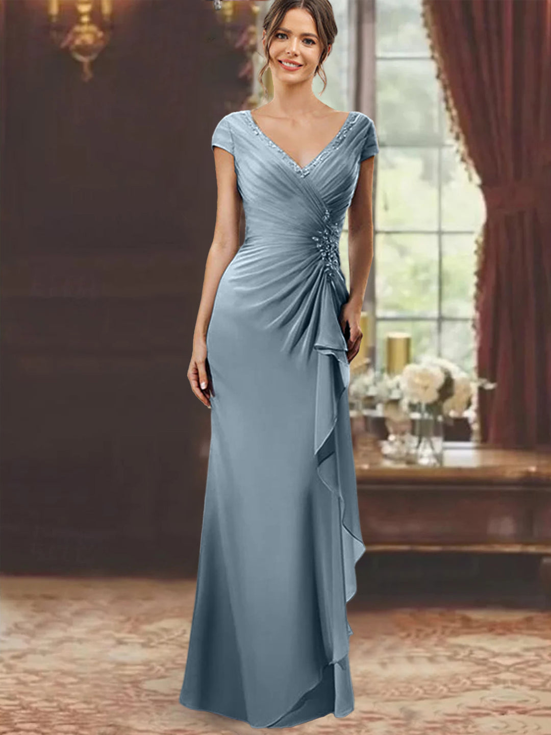 Sheath/Column V-Neck Short Sleeves Floor-Length Mother of the Bride Dresses With Ruffles & Appliques Sky Blue Sheath/Column V-Neck Short Sleeves Floor-Length Mother of the Bride Dresses With Ruffles & Appliques Sky Blue
