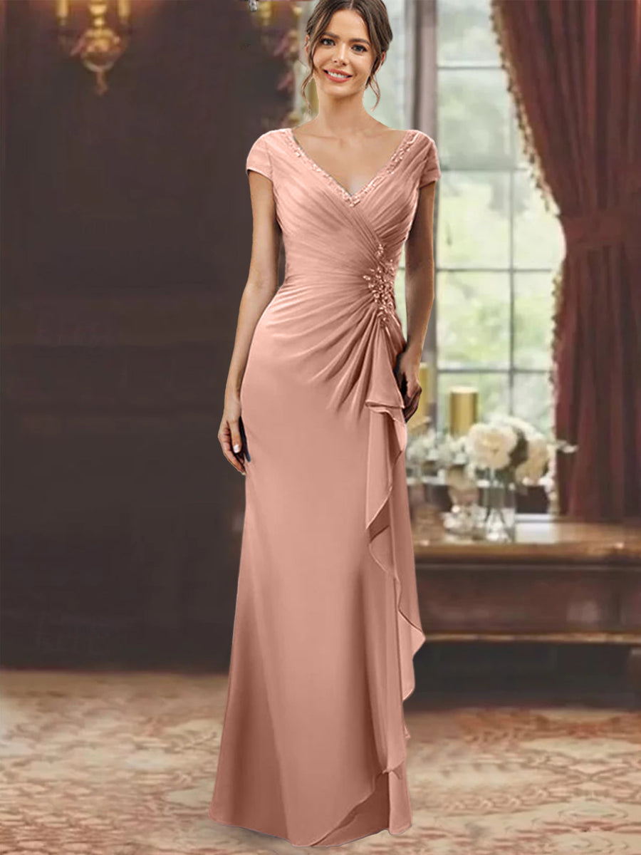 Sheath/Column V-Neck Short Sleeves Floor-Length Mother of the Bride Dresses With Ruffles & Appliques