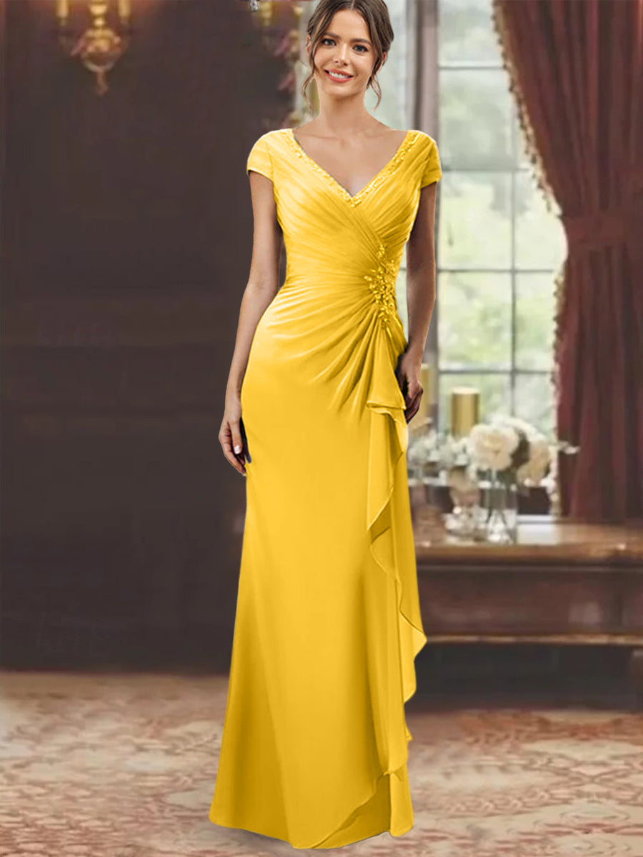 Sheath/Column V-Neck Short Sleeves Floor-Length Mother of the Bride Dresses With Ruffles & Appliques