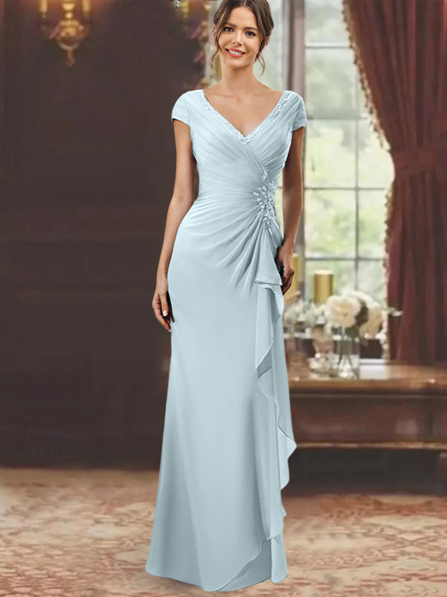 Sheath/Column V-Neck Short Sleeves Floor-Length Mother of the Bride Dresses With Ruffles & Appliques