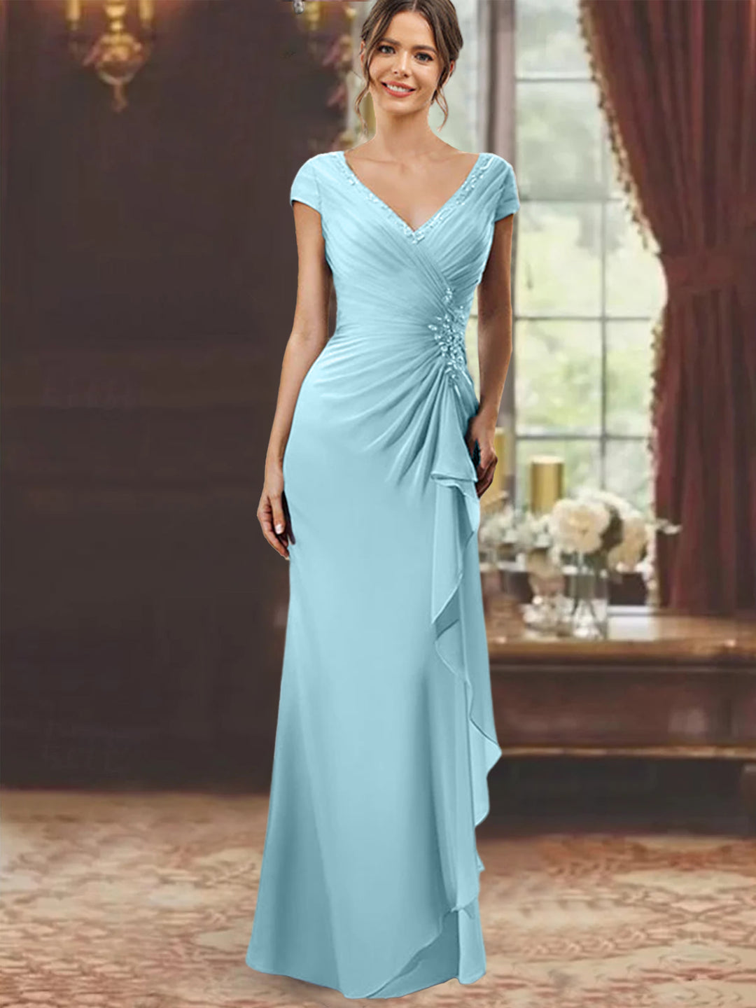 Sheath/Column V-Neck Floor-Length Mother of the Bride Dresses with Short Sleeves