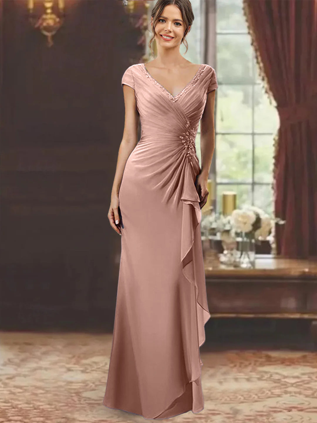 Sheath/Column V-Neck Short Sleeves Floor-Length Mother of the Bride Dresses With Ruffles & Appliques