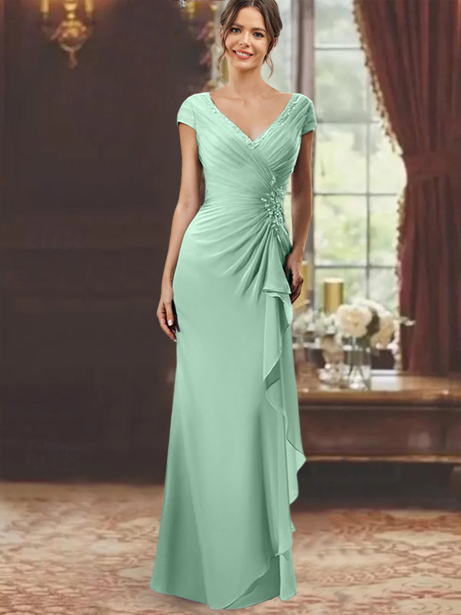 mint green Sheath/Column V-Neck Short Sleeves Floor-Length Mother of the Bride Dresses With Ruffles & Appliques