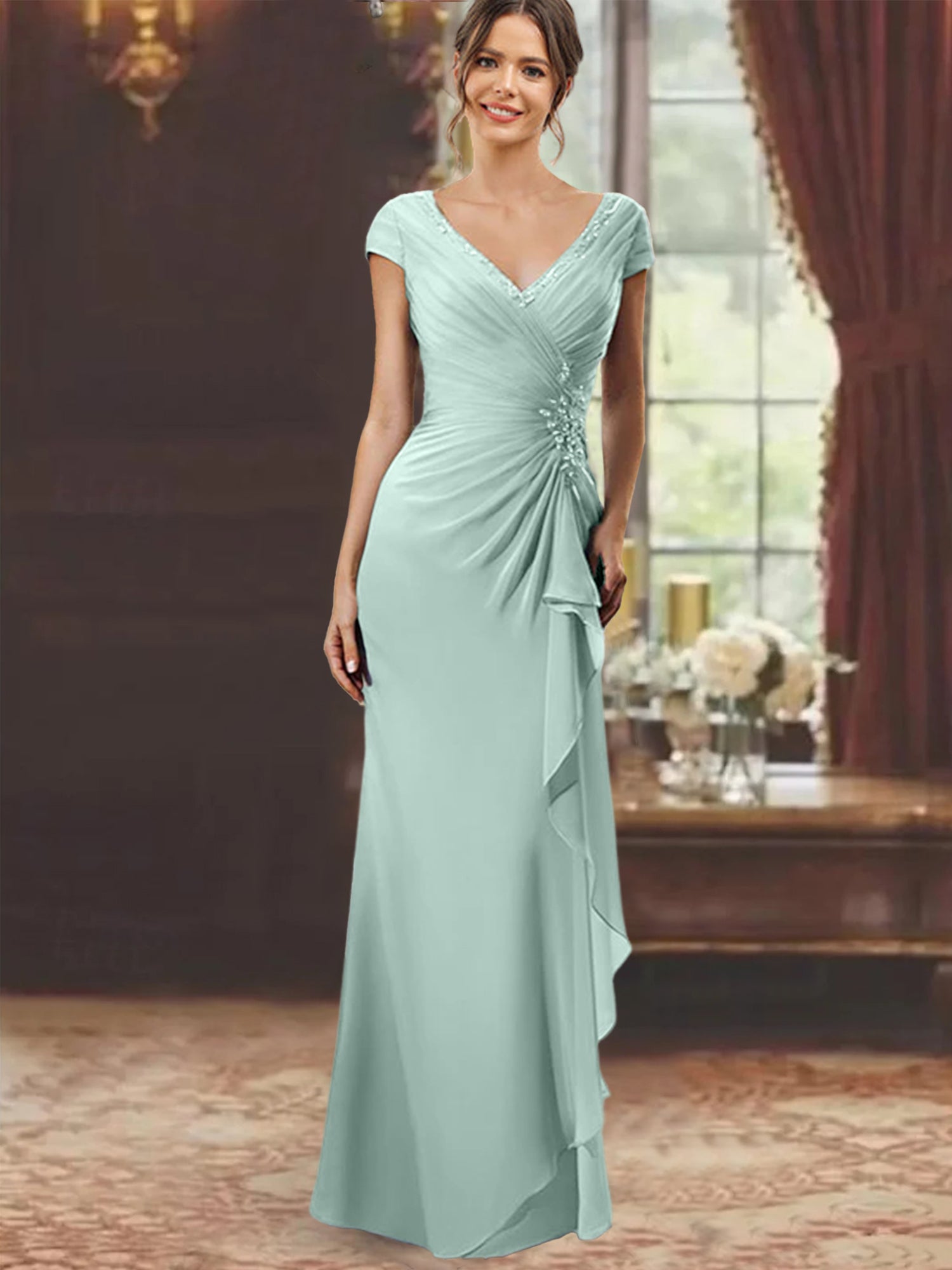 Sheath/Column V-Neck Short Sleeves Floor-Length Mother of the