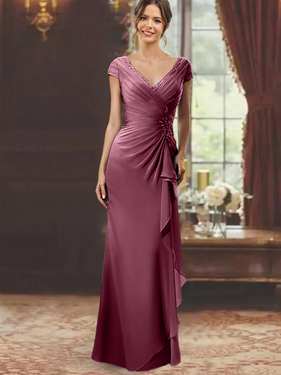 Sheath/Column V-Neck Short Sleeves Floor-Length Mother of the Bride Dresses With Ruffles & Appliques