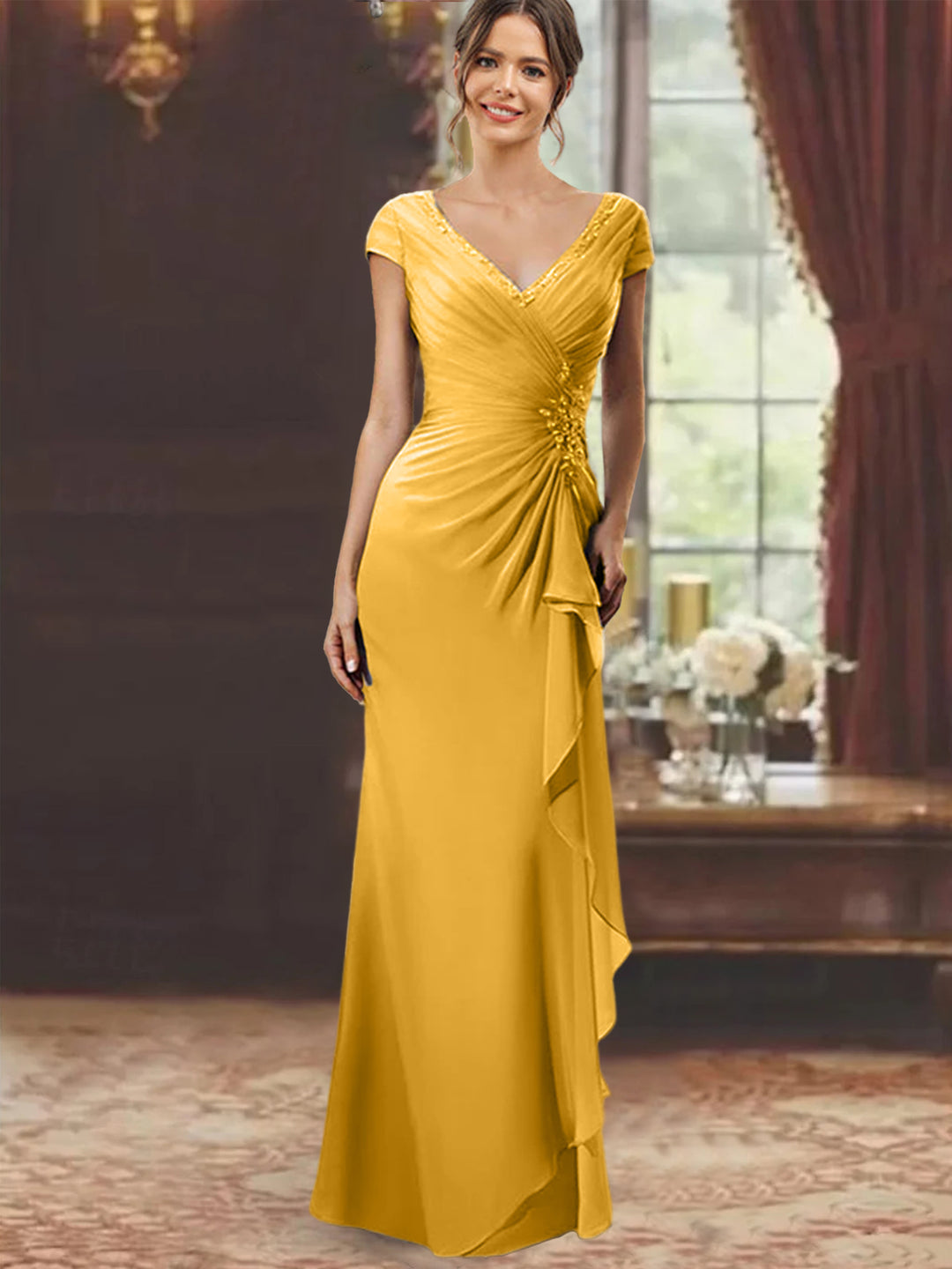Sheath/Column V-Neck Short Sleeves Floor-Length Mother of the Bride Dresses With Ruffles & Appliques Mustard Yellow Sheath/Column V-Neck Short Sleeves Floor-Length Mother of the Bride Dresses With Ruffles & Appliques Mustard Yellow
