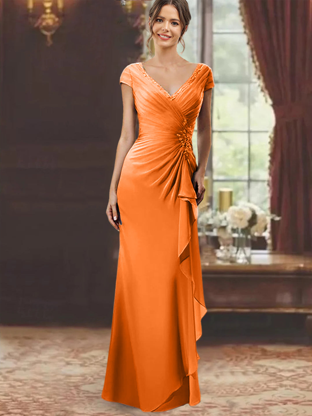 Mother of The Bride Gowns Brunt Orange Women's Sheath V-Neck Floor-Length Wedding Party Guest Dresses for Special Occasions Mother of The Bride Gowns Brunt Orange Women's Sheath V-Neck Floor-Length Wedding Party Guest Dresses for Special Occasions