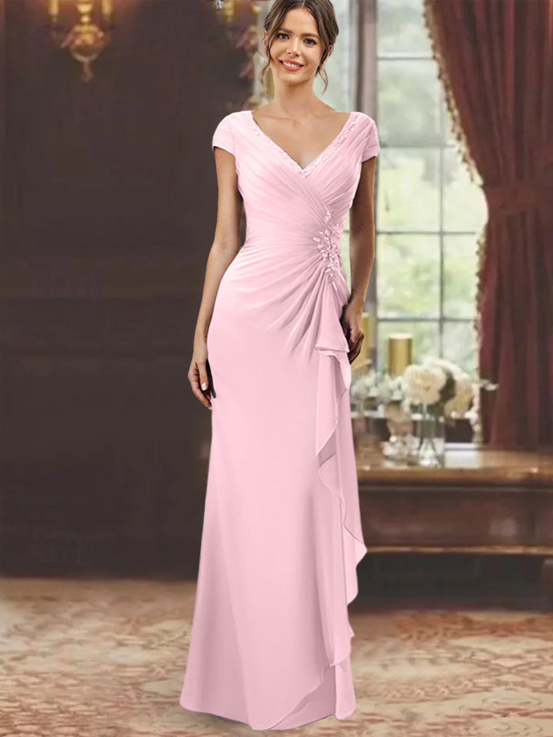 Sheath/Column V-Neck Short Sleeves Floor-Length Mother of the Bride Dresses With Ruffles & Appliques Light Pink Sheath/Column V-Neck Short Sleeves Floor-Length Mother of the Bride Dresses With Ruffles & Appliques Light Pink