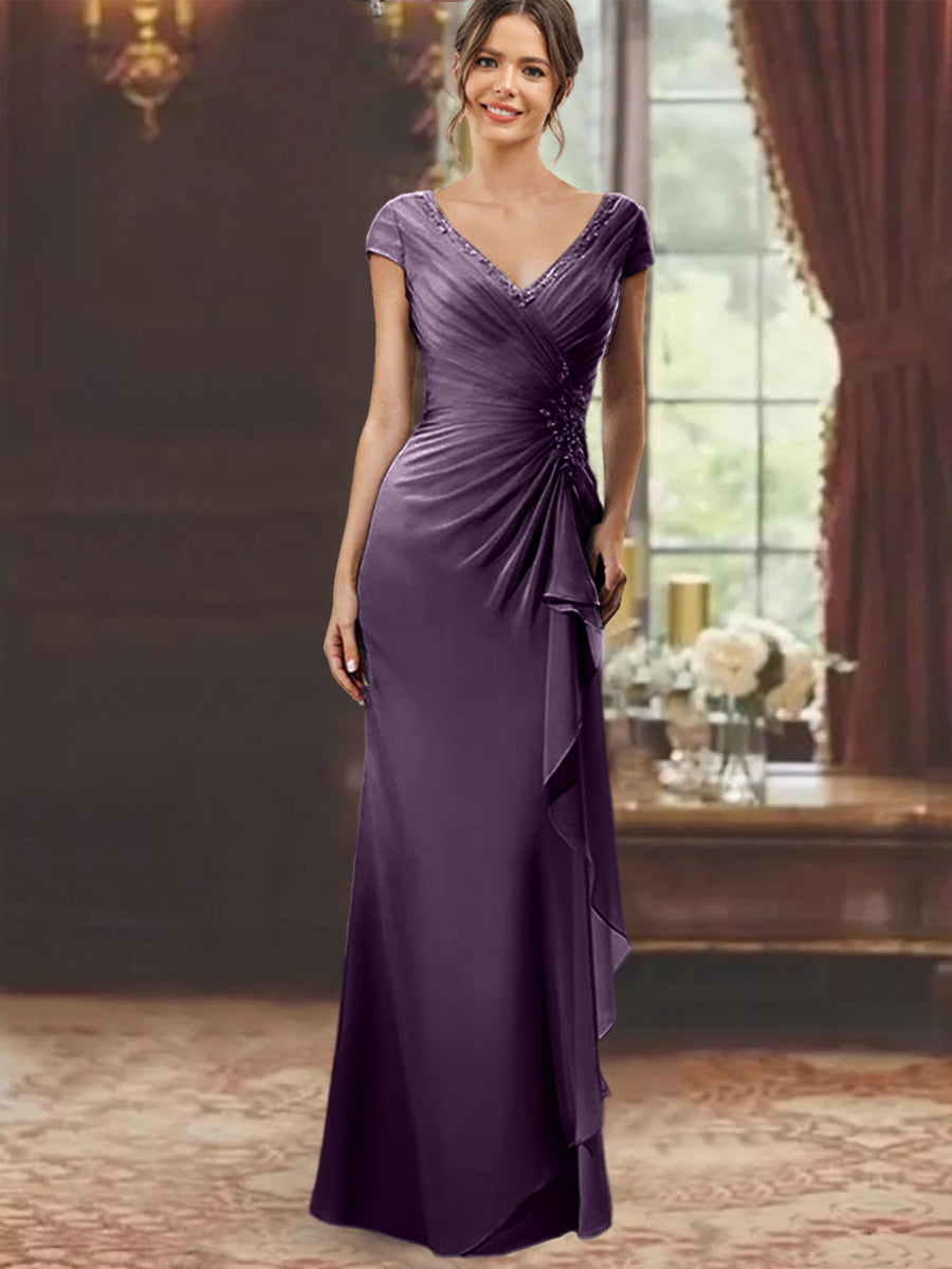 Sheath/Column V-Neck Short Sleeves Floor-Length Mother of the Bride Dresses With Ruffles & Appliques