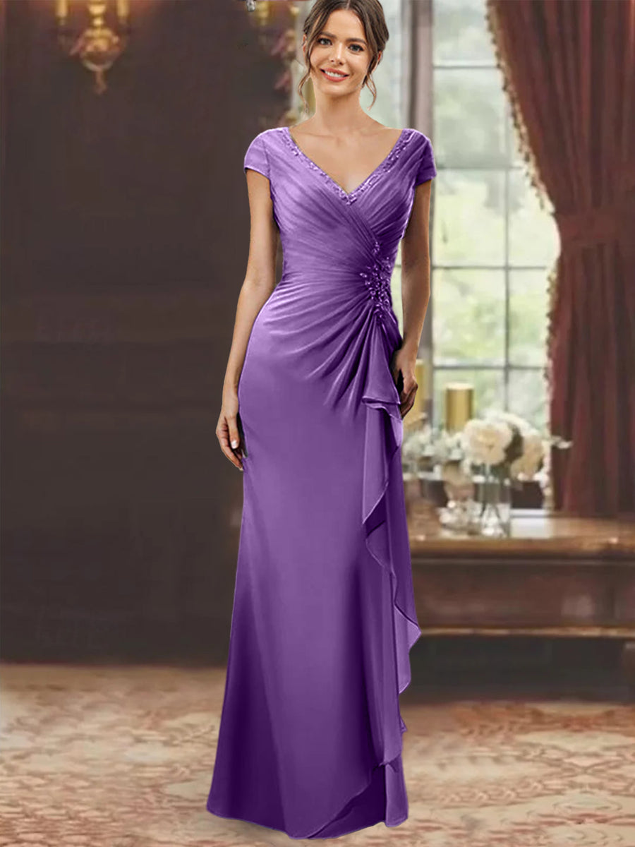 Sheath/Column V-Neck Short Sleeves Floor-Length Mother of the Bride Dresses With Ruffles & Appliques