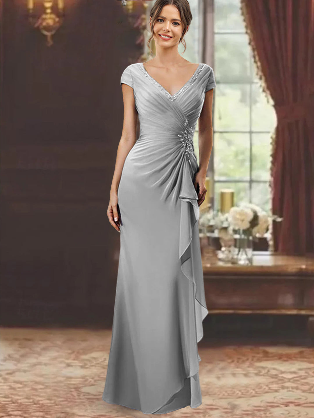 Sheath/Column V-Neck Short Sleeves Floor-Length Mother of the Bride Dresses With Ruffles & Appliques Light Pink Sheath/Column V-Neck Short Sleeves Floor-Length Mother of the Bride Dresses With Ruffles & Appliques Light Pink