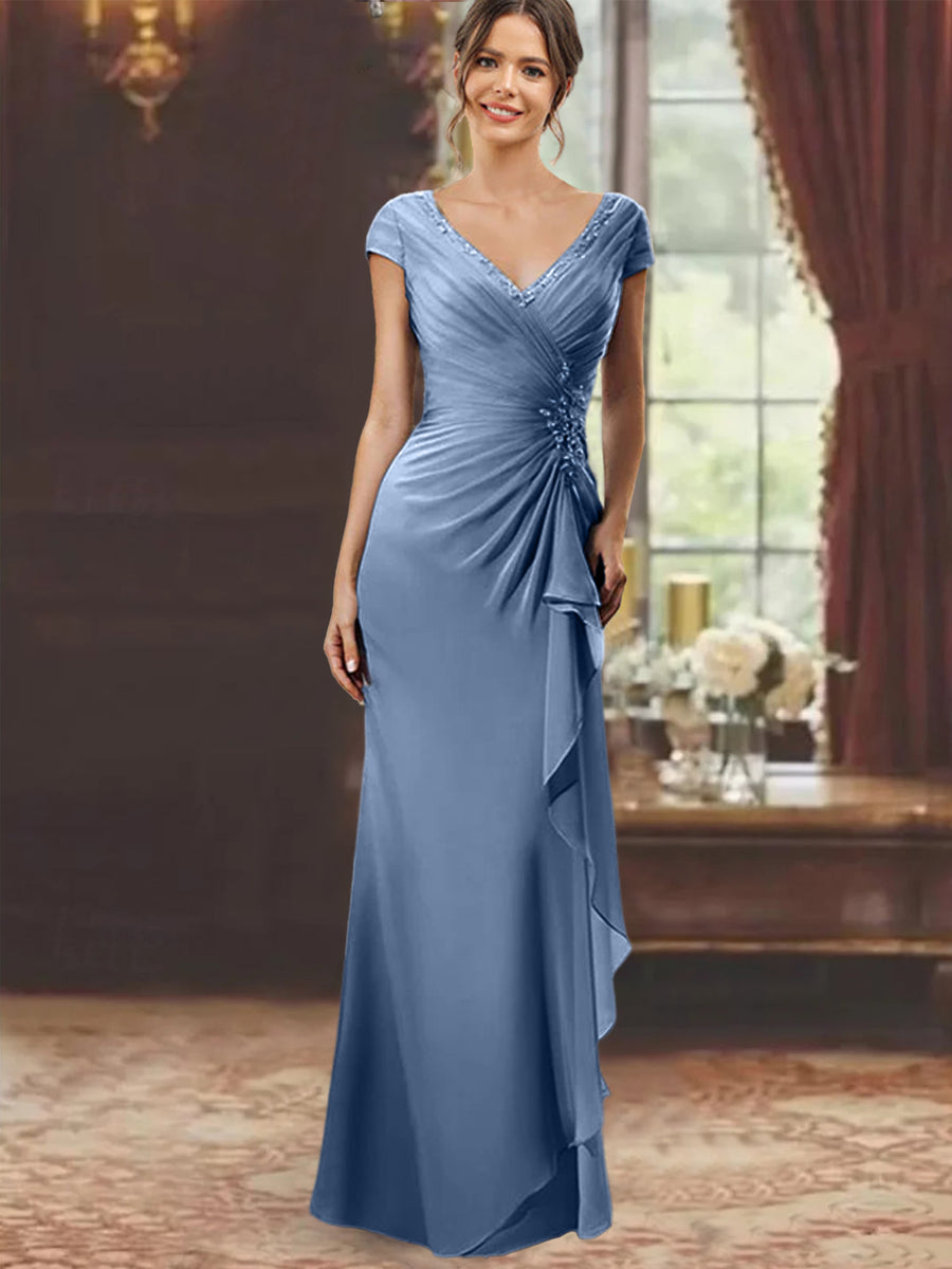 Sheath/Column V-Neck Short Sleeves Floor-Length Mother of the Bride Dresses With Ruffles & Appliques