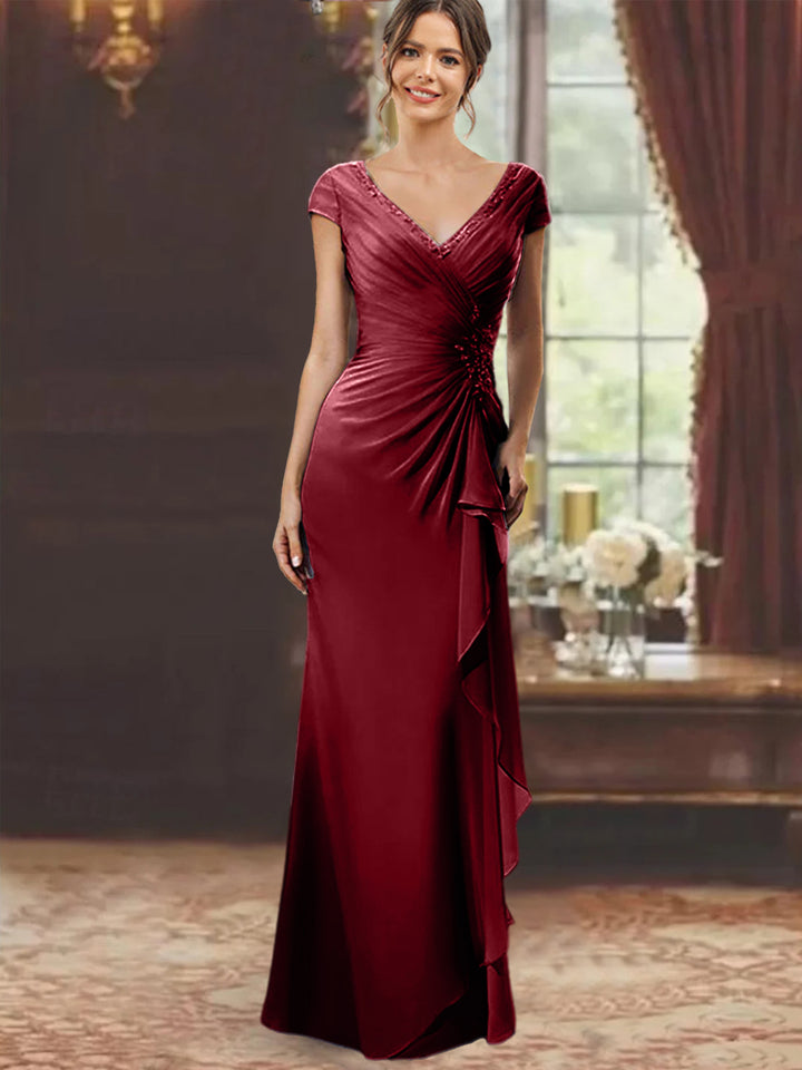 Sheath/Column V-Neck Floor-Length Mother of the Bride Dresses with Short Sleeves