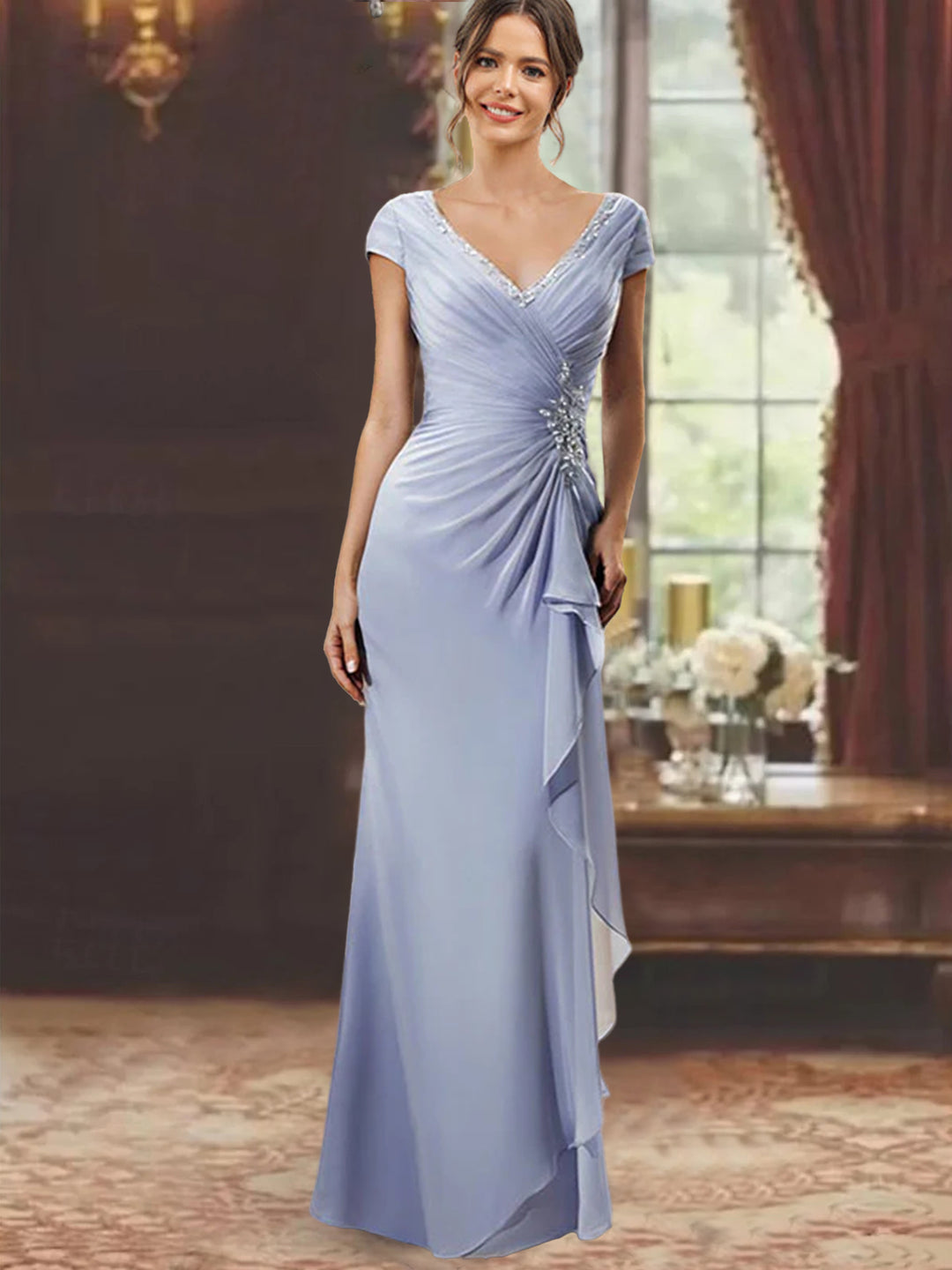 Sheath/Column V-Neck Short Sleeves Floor-Length Mother of the Bride Dresses With Ruffles & Appliques Light Pink Sheath/Column V-Neck Short Sleeves Floor-Length Mother of the Bride Dresses With Ruffles & Appliques Light Pink