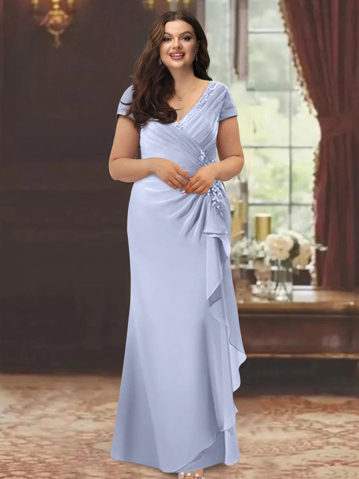 Sheath/Column V-Neck Short Sleeves Floor-Length Mother of the Bride Dresses With Ruffles & Appliques