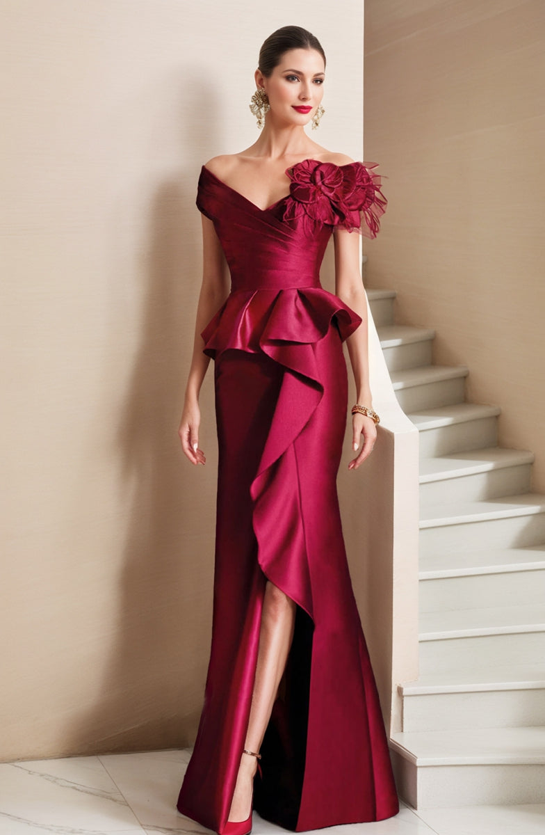 Wine Red Mother of The Bride Dresses Women's Trumpet/Mermaid Off-The-Shoulder Formal Wedding Guest Evening Ball Gowns with High Split, Wine Red
