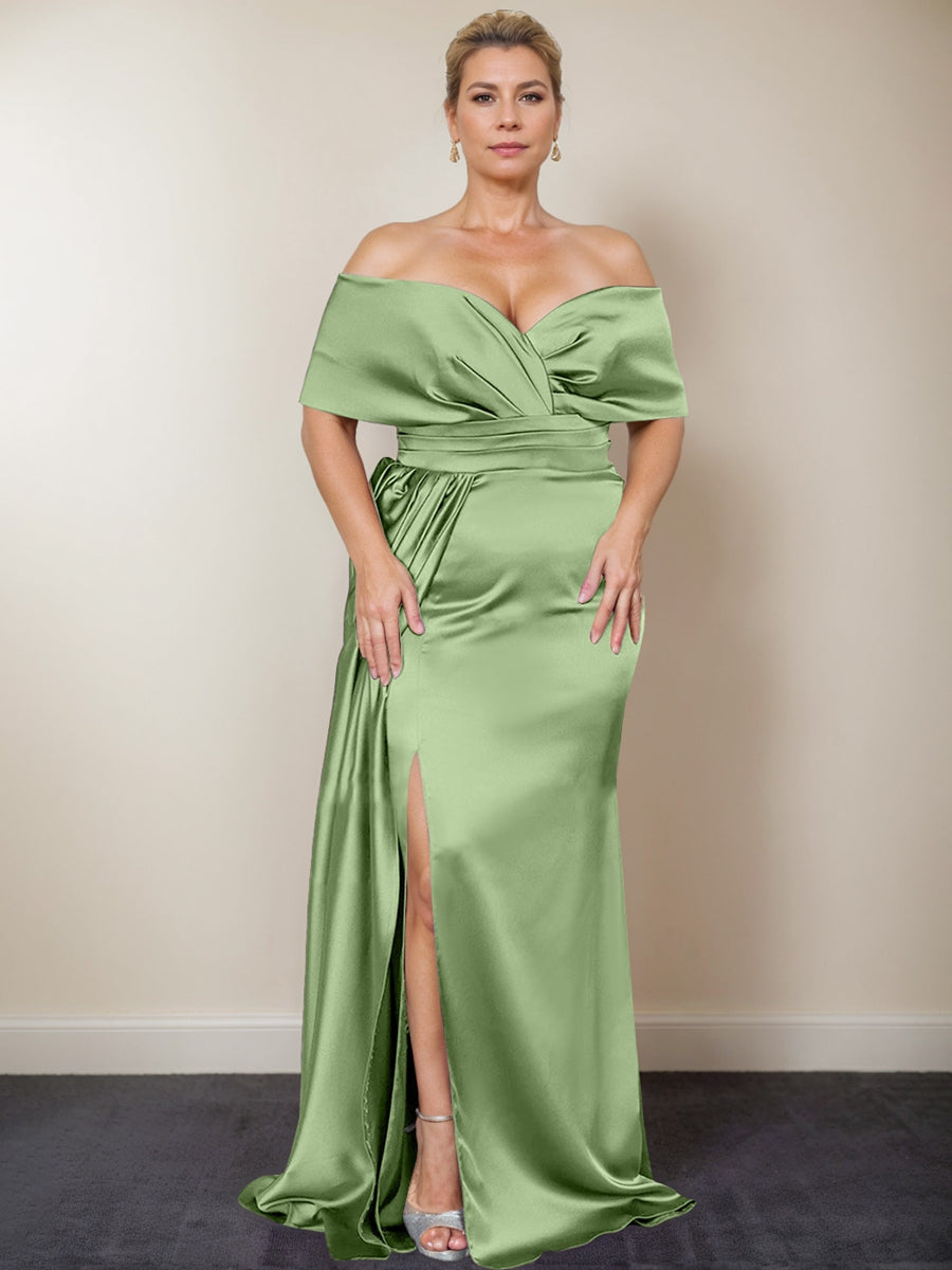 Off-the-Shoulder Mother of The Groom Dresses 2026 Plus Size Silk Satin Mermaid/Trumpet Long Formal Evening Gowns with Split Side, Wisteria Off-the-Shoulder Mother of The Groom Dresses 2026 Plus Size Silk Satin Mermaid/Trumpet Long Formal Evening Gowns with Split Side, Wisteria