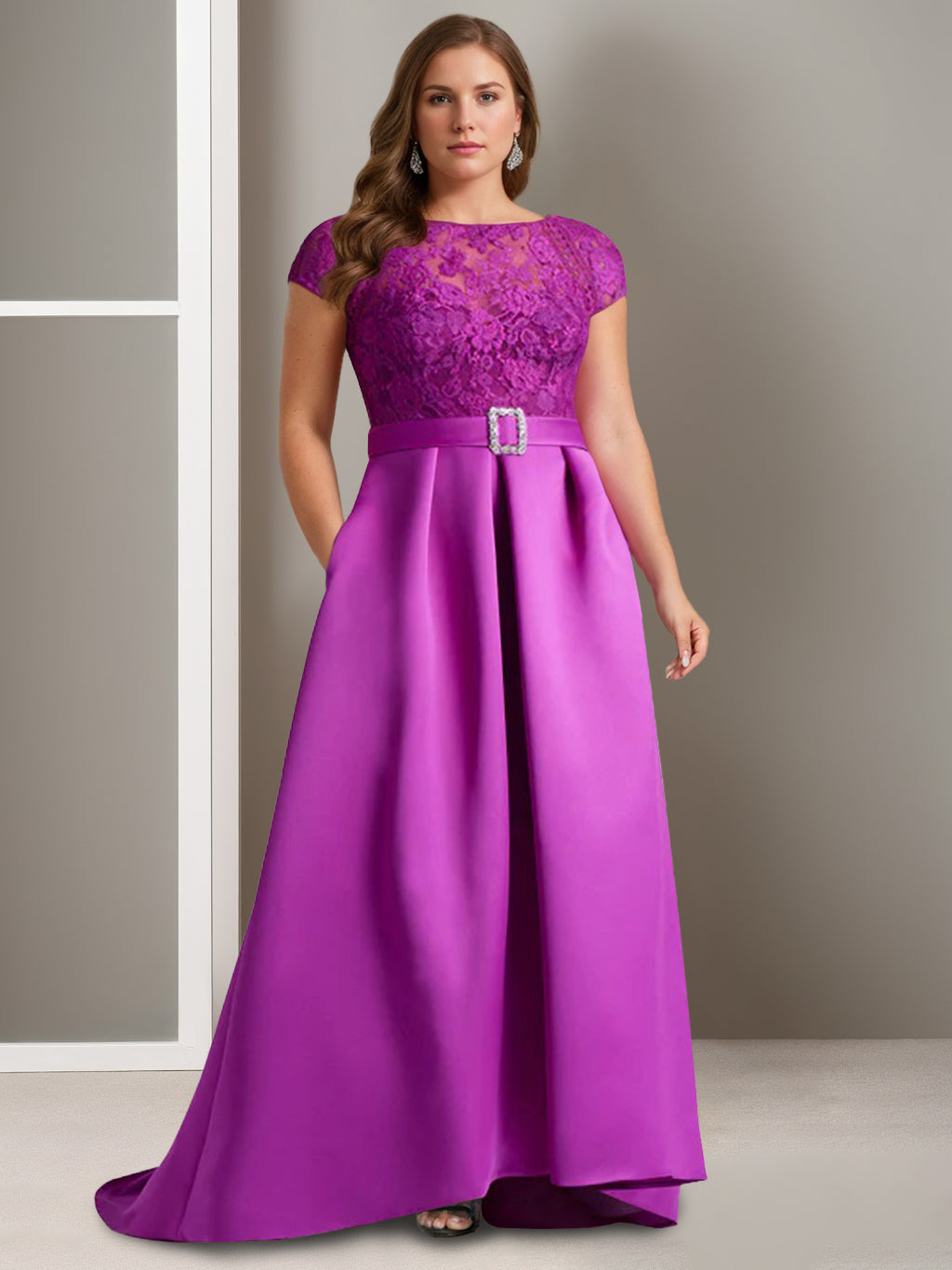 A-Line/Princess Scoop Short Sleeves Asymmetrical Mother of the Bride Dresses With Printed Flower