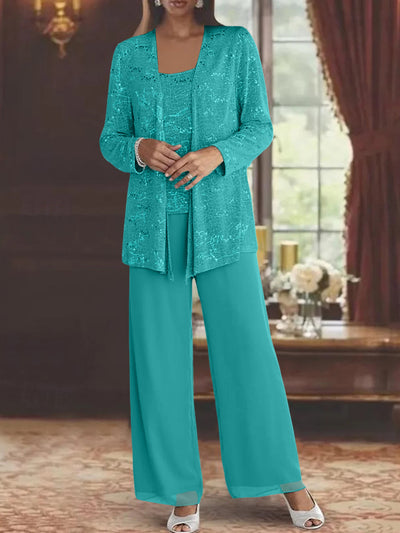 Jumpsuit Scoop Chiffon Plus Size Mother of the Bride Pantsuits Floor-Length 3/4 Sleeves Floral Sequins