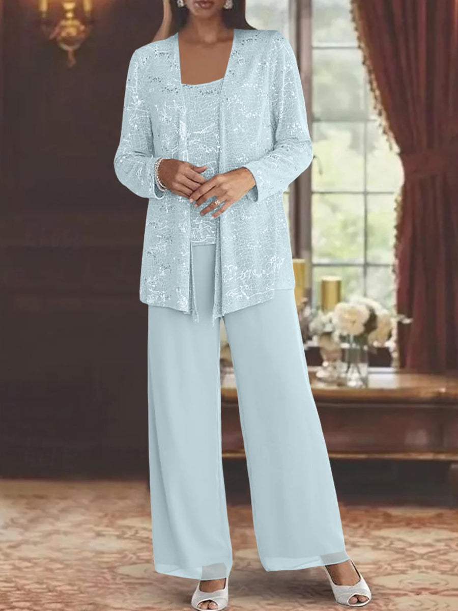 Chiffon Mother of the Bride Pantsuits with Jacket & Sequins