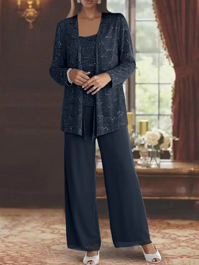 2 Pieces V-Neck Ruched Flutter Sleeves Floor-Length Beading Mother of the Bride Pantsuits