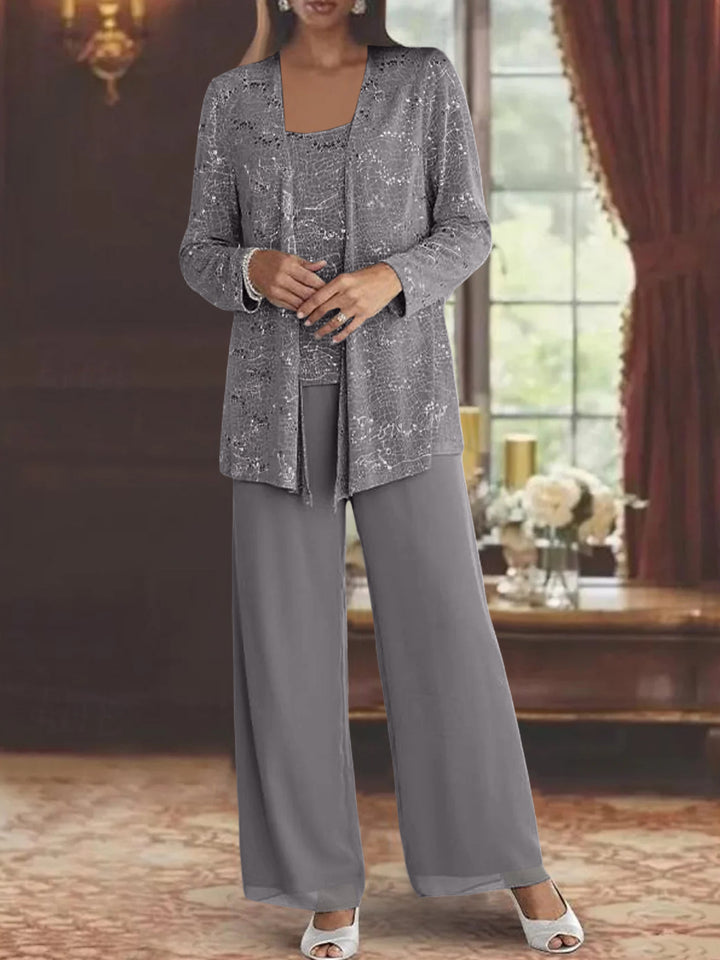 Chiffon Mother of the Bride Pantsuits with Jacket & Sequins