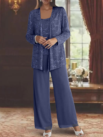 Chiffon Crew Neck Long Sleeves 3 Piece Mother of the Bride Pantsuits with Sequins main image 0