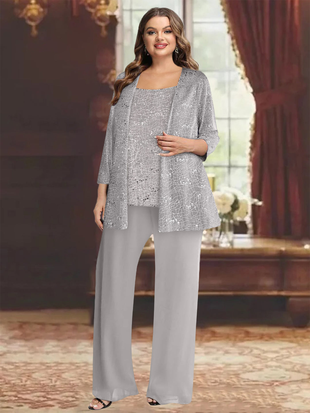 Chiffon Mother of the Bride Pantsuits with Jacket & Sequins