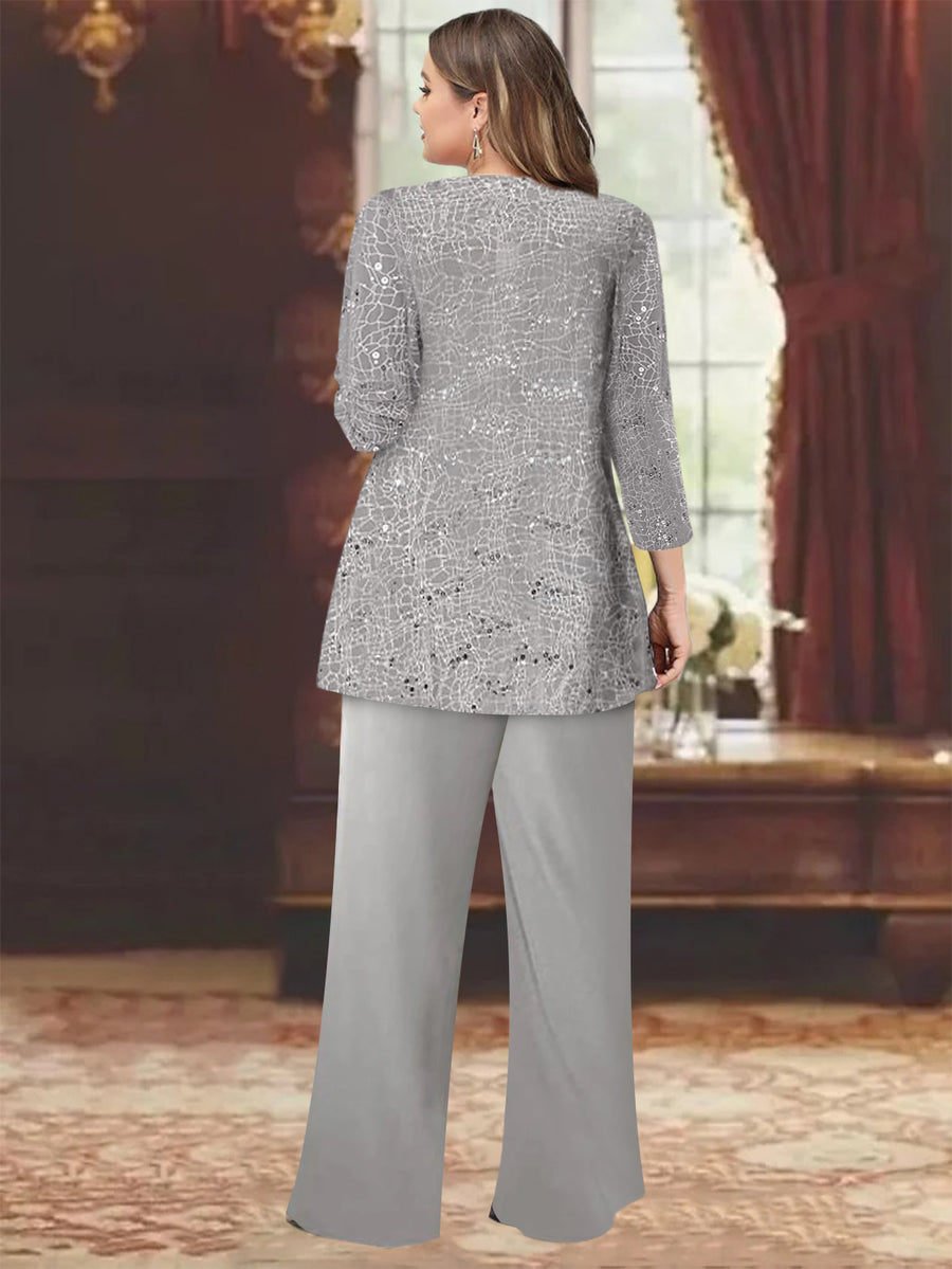 3 Pieces Chiffon Appliques 3/4 Sleeves Mother of the Bride or Groom Pantsuits with Jacket