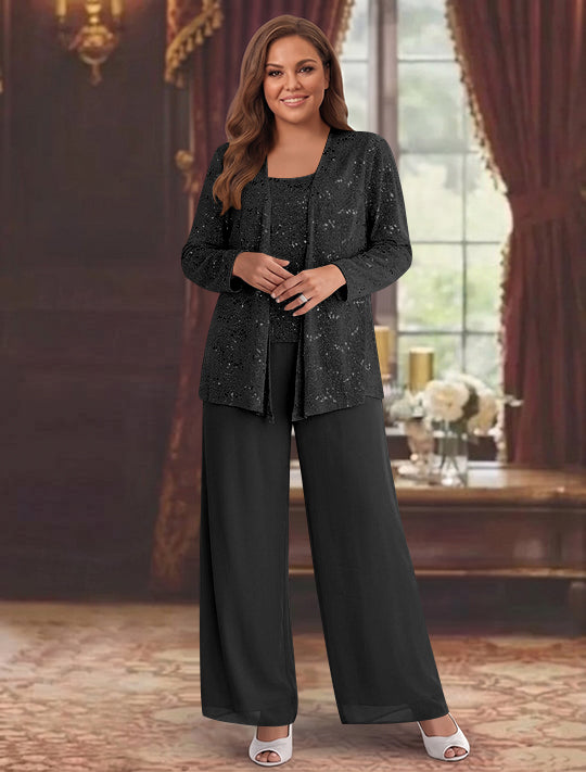 Chiffon Plus Size Mother of the Bride Pantsuits with Jacket & Sequins