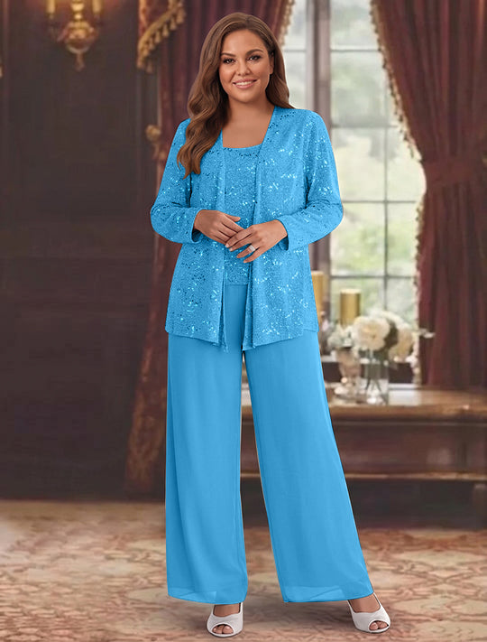 Chiffon Plus Size Mother of the Bride Pantsuits with Jacket & Sequins