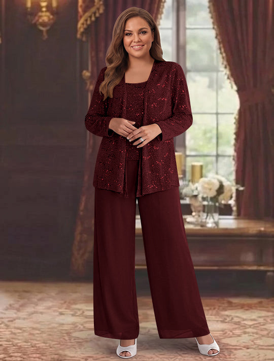 Chiffon Plus Size Mother of the Bride Pantsuits with Jacket & Sequins