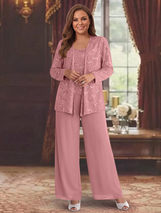 Chiffon Plus Size Mother of the Bride Pantsuits with Jacket & Sequins