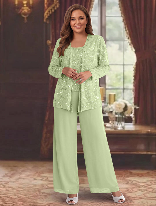 Chiffon Plus Size Mother of the Bride Pantsuits with Jacket & Sequins