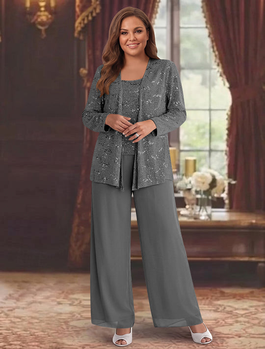 Chiffon Plus Size Mother of the Bride Pantsuits with Jacket & Sequins