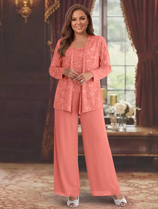 Chiffon Plus Size Mother of the Bride Pantsuits with Jacket & Sequins