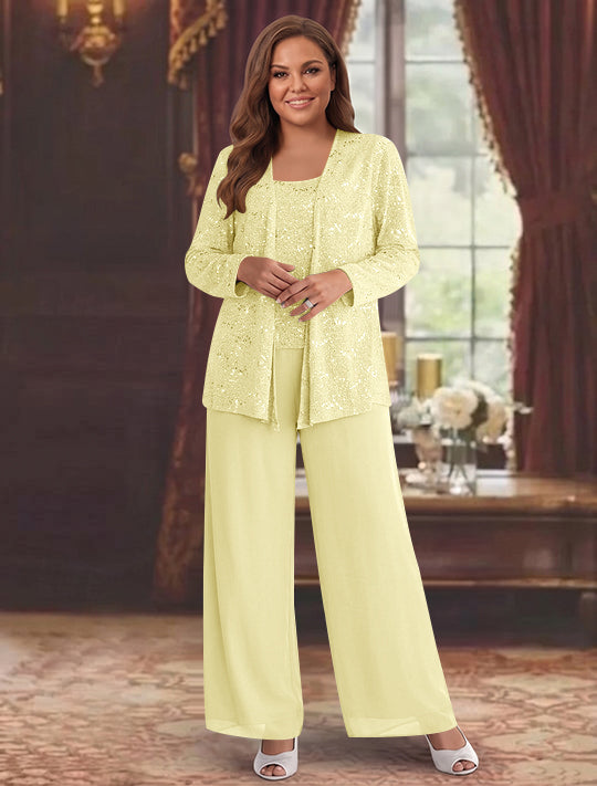 Chiffon Plus Size Mother of the Bride Pantsuits with Jacket & Sequins