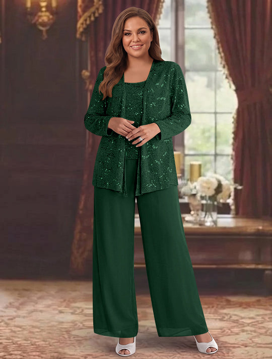 Chiffon Plus Size Mother of the Bride Pantsuits with Jacket & Sequins