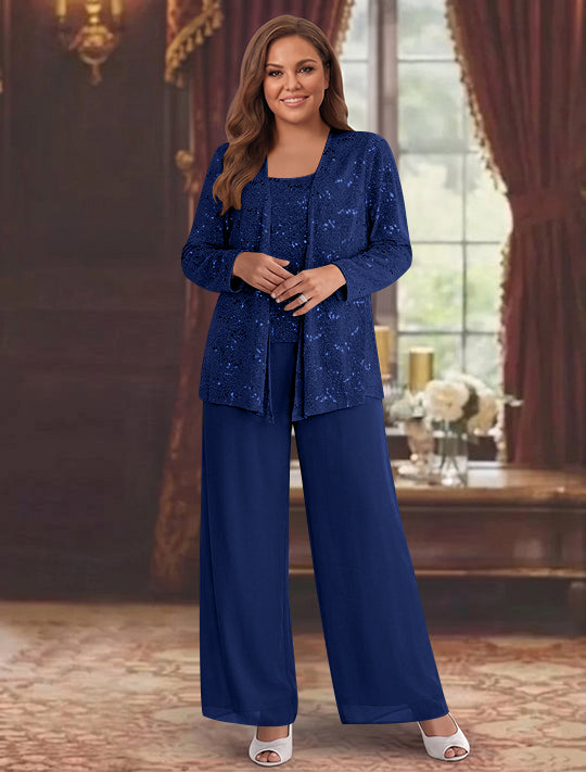 Chiffon Plus Size Mother of the Bride Pantsuits with Jacket & Sequins