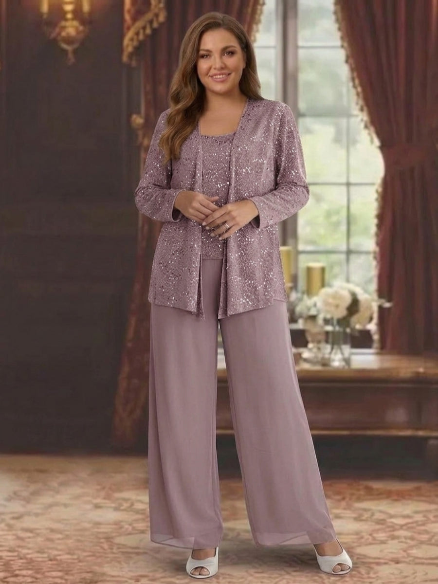 Chiffon Plus Size Mother of the Bride Pantsuits with Jacket & Sequins