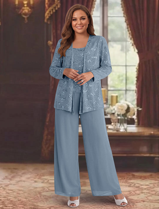 Chiffon Plus Size Mother of the Bride Pantsuits with Jacket & Sequins