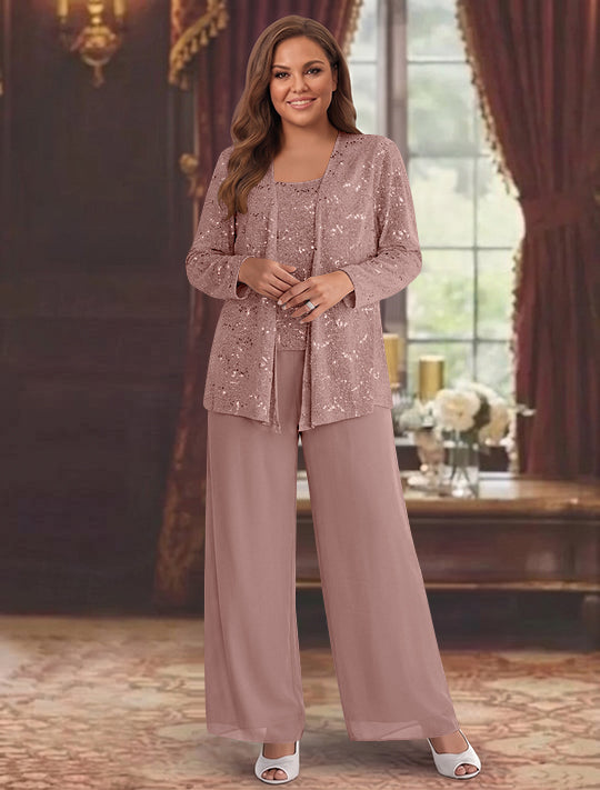 Chiffon Plus Size Mother of the Bride Pantsuits with Jacket & Sequins