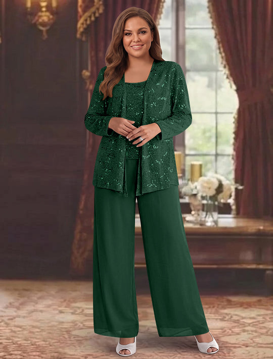 Chiffon Plus Size Mother of the Bride Pantsuits with Jacket & Sequins
